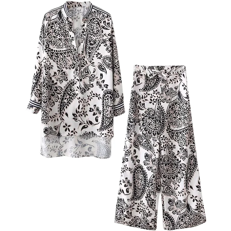 

Female Set Fashion Set Loose Print Long Shirt Casual High Waist Wide Leg Pants Pants Fashion Two-Piece Set