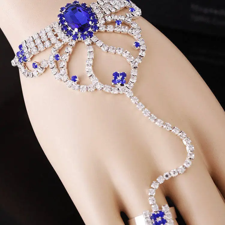 2015 New Free Shipping bridal jewelry sets,wedding jewelry Women sets Unique Rhinestone Flower Chain Bracelet And Ring Set
