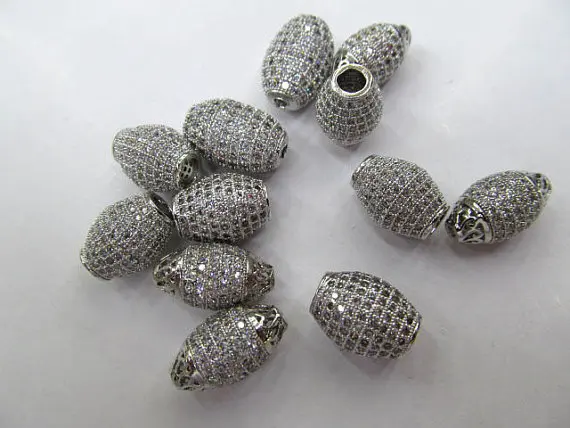

AAA GRADE 10pcs 10-16mm Micro Pave cubic zirconia beads Rice Barrel Drum silver gold gunmetal rose gold charm connector