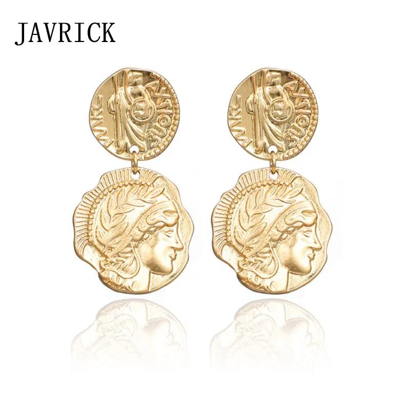 

Antique Gold Medusa Coin Portrait Baroque Drop Earrings Women Fashion Jewelry