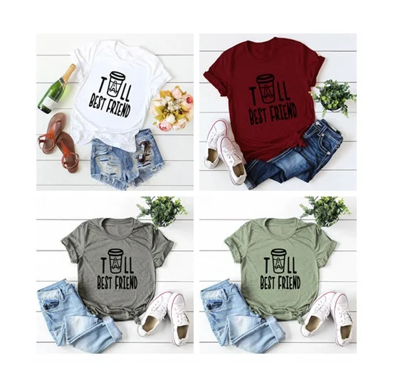 Coffee Cup T Shirt S-5XL TALL BEST FRIEND Women Casual Cotton Femme Tops Grey White Red Summer T-shirts Tee T-shirt Women
