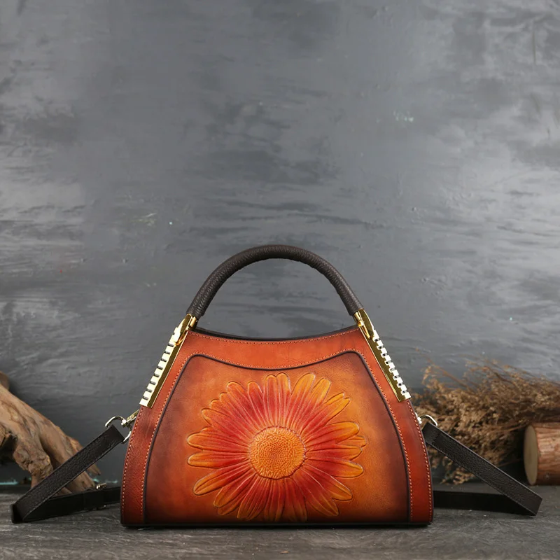 

Norbinus Original 100% Genuine Leather Women Bag Cowhide Flower Shoulder Handbags Vintage Manual Painting Crossbody Boston Bags