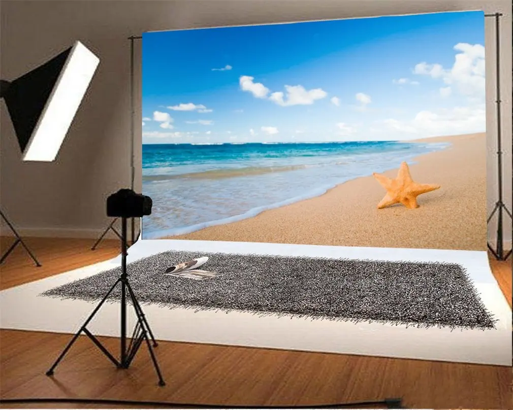 

Photography Backdrop Beach Seaside Starfish Blue Sky White Cloud Nature Girl Photo Background