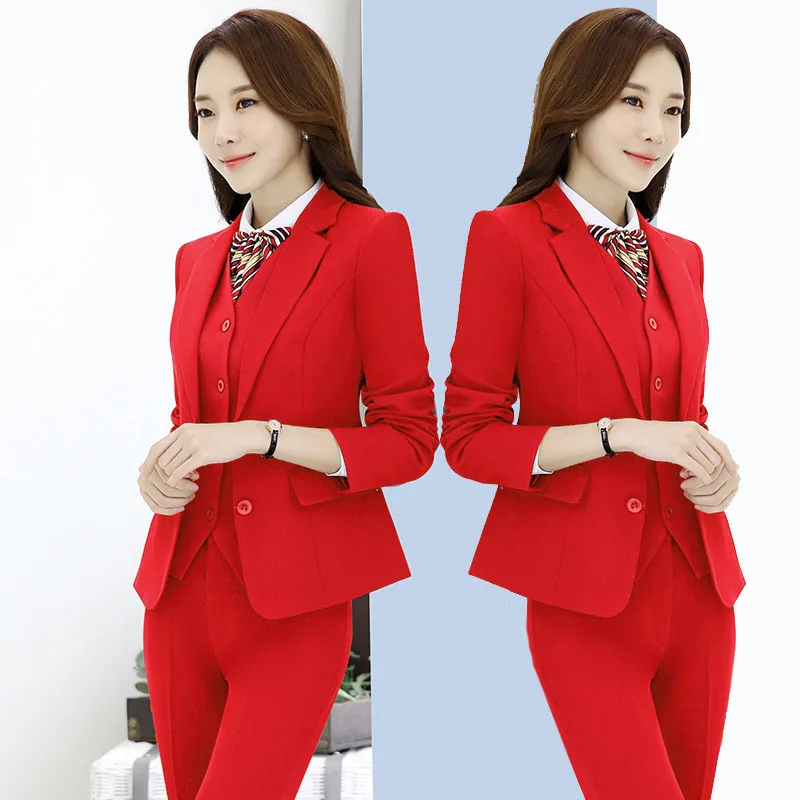 

IZICFLY New Red Formal Trouser Set Uniform Designs for women suits with Pant Office Blazers Elegant Business Work Wear Plus Size