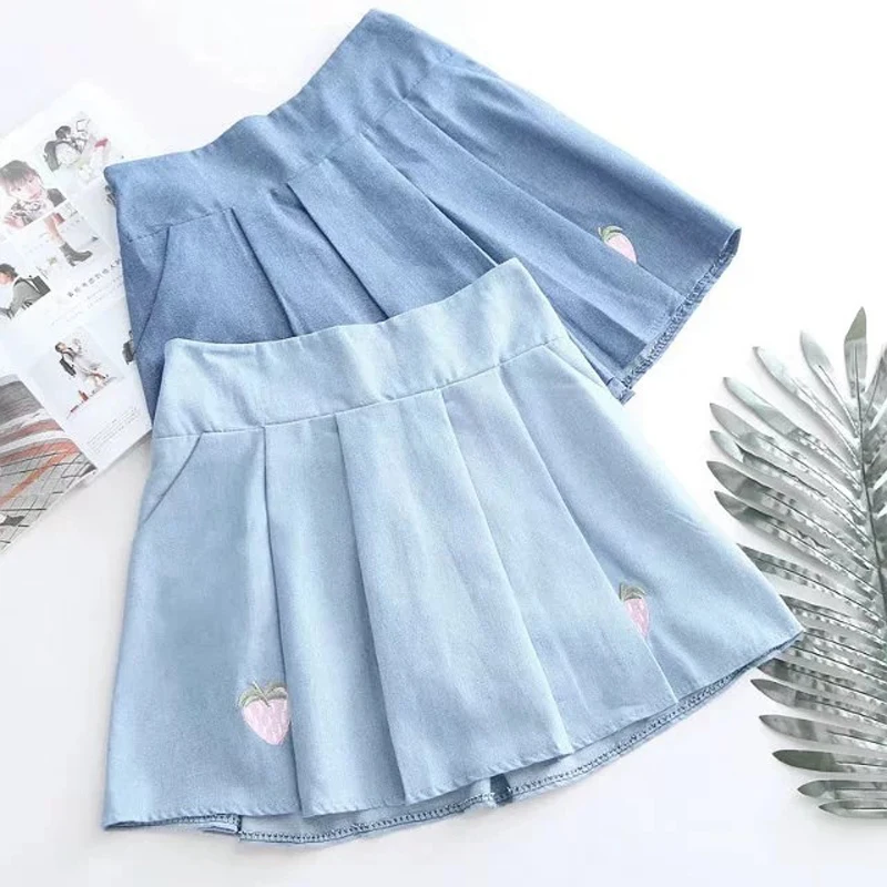

New Summer Skirts Women 2019 Fashion Embroidered Strawberry Denim Pleated Skirts Loose Elastic Waist Harajuku Cute Fruit Skirts