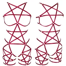 Цвет красного вина гот пентаграмма ремень крепления к туловищу панк полюс Подвязки для танцев бюстгальтер рейв с креплением на талии и ноге подвязки соблазнительное обтягивающее белье портупея комплект