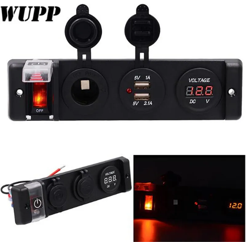 

WUPP 12V Circuit Breaker Switch Panel Dual 5V 1A 2.1A USB Outlet Charger Port Cigarette Lighter Volmeter Red Indicator Switch