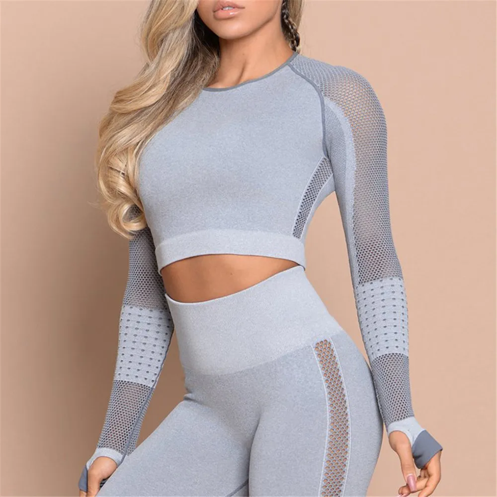 

Long Sleeve Gym Woman Sport Shirt Yoga Top Female Workout Tops T-shirts Hollow Mesh Sexy Tight Breathable Fitness Yoga T-shirt