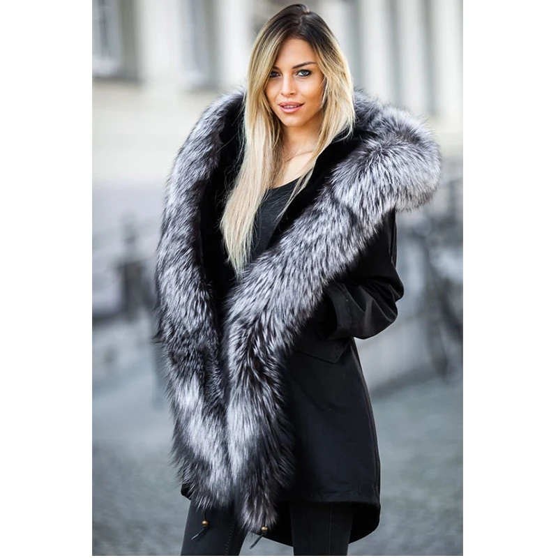 Women Real Vulpes Silver Fox Fur Coat Parka Rabbit Fur Liner Removable