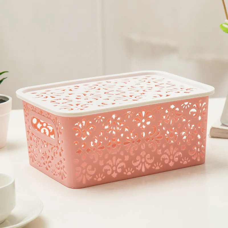 Полый пластиковый ящик для хранения для настольного стола для косметики, безделушек держатель Органайзер для домашнего отделки чехол для хранения с крышкой - Цвет: S Pink With Cover