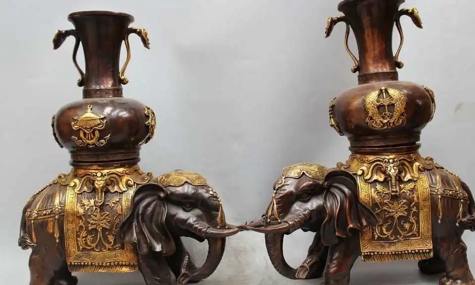 

16" Chinese Folk Copper Gild eight treasures Elephant Auspicious Vase Zun Statue