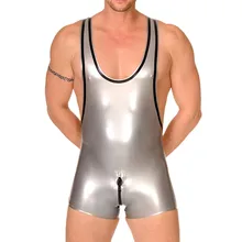 Серебряный латексный резиновый жилет трико резиновые латексные обтягивающие костюмы с молнией на промежности