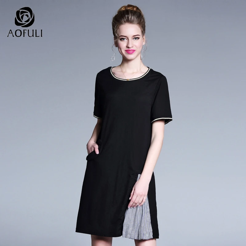Платье AOFULI S ~ 4XL 5XL женское большого размера хлопковое летнее с круглым вырезом