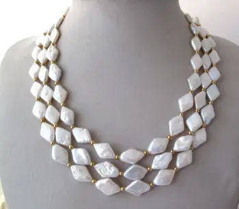 

NEW 3 Strands Natural White Rhombus Freshwater Pearl Necklace 18-20" for Wedding