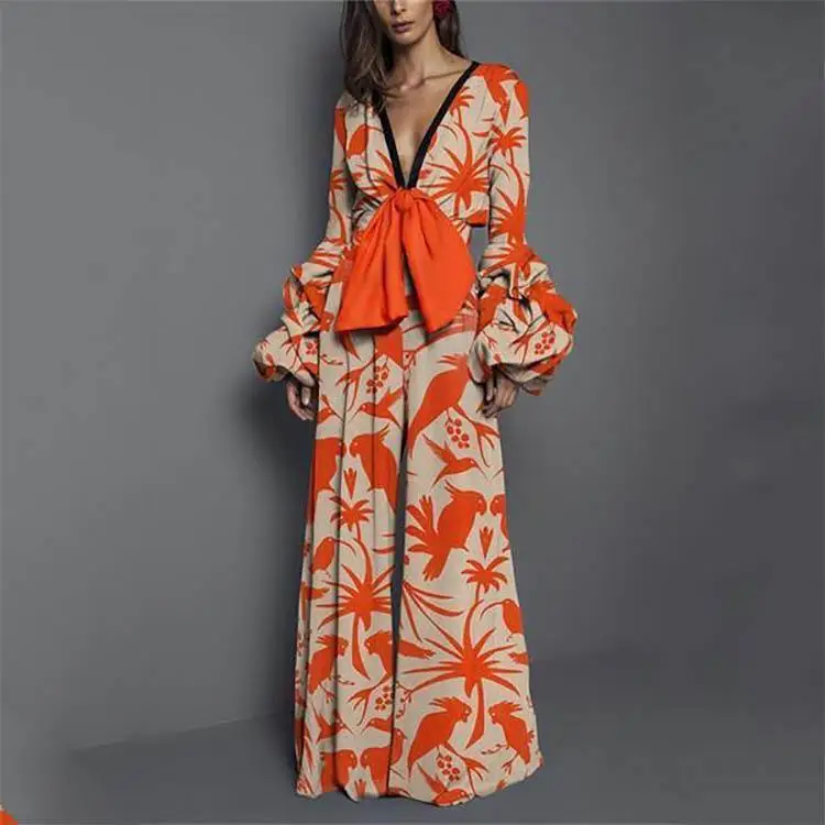 

Fashion Boho Knot Front Tie Dye Palazzo Jumpsuit Spring Deep V Neck Print High Waist Long Sleeve Maxi Wide Leg Jumpsuits