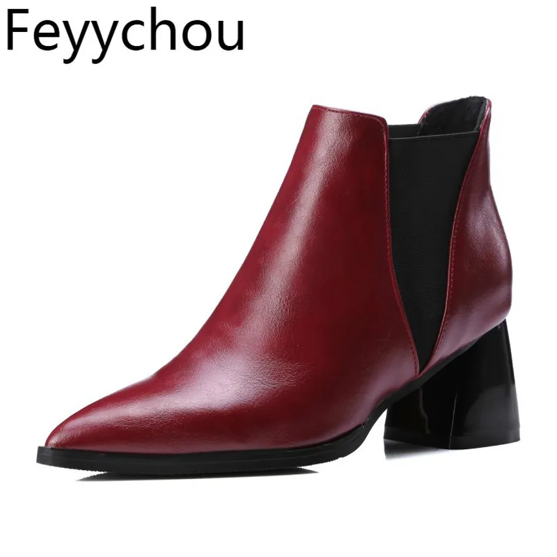 

Women Boots Autumn Winter Warm High Heel Pu Pointed Toe Slip on Ankle Chelsea Shoes 2018 Sexy Fashion Casual Red Black Gray