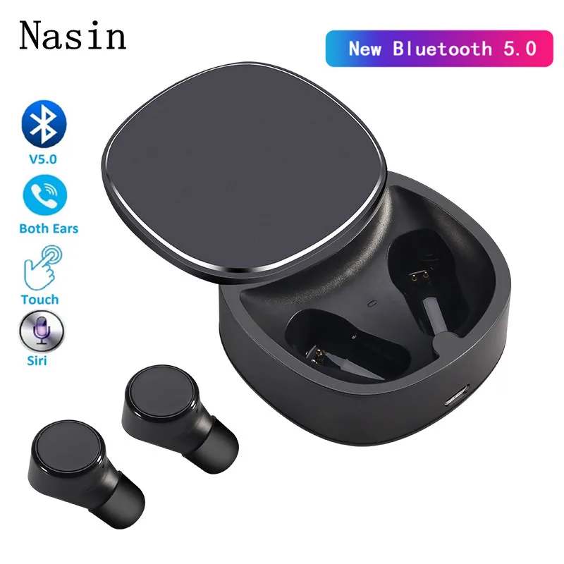 Nasin TWS 5,0 Мини Bluetooth наушники Беспроводные спортивные сенсорные водонепроницаемые стерео наушники с шумоподавлением наушники с микрофоном - Цвет: Черный