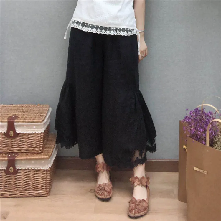 Япония Mori Girl Милые Кружевные льняные брюки с вышивкой милые Лолита Принцесса летние женские свободные широкие брюки с эластичным поясом