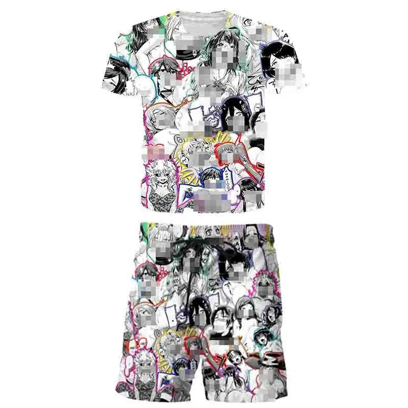 

Summer Harajuku Ahegao Print Women's Tracksuit Clothes 2 Piece Set Face Shy Suits Shorts Crop Tops + Shorts Pants Outfit