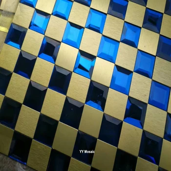 

30mm Seamless 5 facets Gold Metal Blue Mirror Glass Mosaic tiles, Kitchen Backsplash Showroom Store Hall Cabinet DIY Decorate