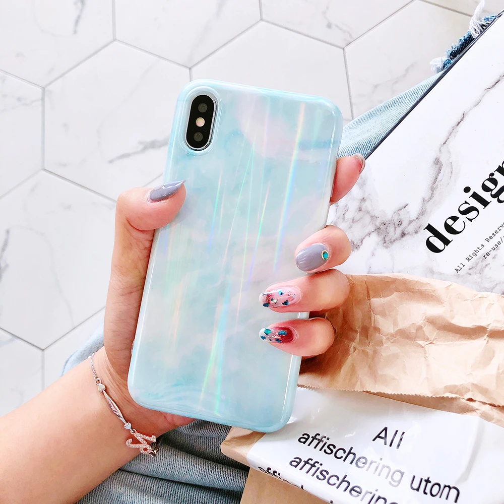 Case For iPhone X Xr Xs Max Cover Korean Laser Marble Skin Soft TPU Girly  (9)