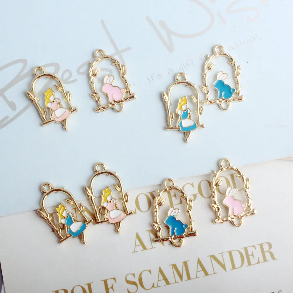 

10pcs Korean Simple Enamel Alice Series Charms Girl Swing Rabbit Charms for Jewelry Making Earrings Necklace Alloy Accessories