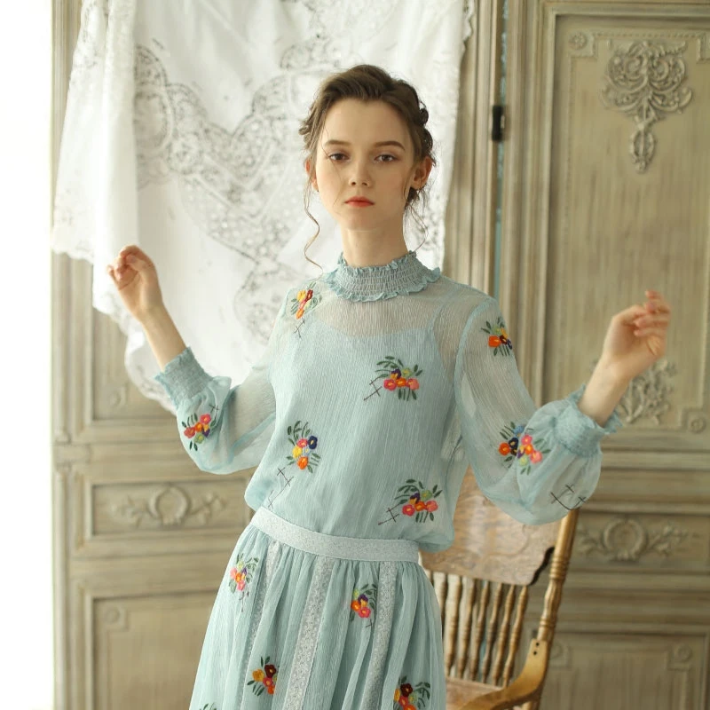  LYNETTE'S CHINOISERIE Spring Autumn Women Vintage Embroidery Mori Girls Lace Patchwork Blouse Shirt