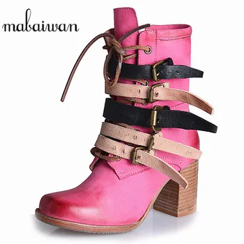

Mabaiwan Women Shoes Winter Snow Ankle Boots Side Zipper Buckles Pink Casual Thick High Heels Shoes Women Pumps Botas Militares