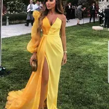 Мода с плеча Милая широкий длинный рукав с глубоким разрезом от бедра Выпускные платья