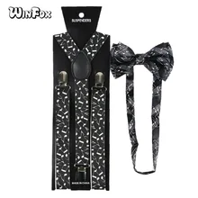 Winfox винтажные черные белые 2,5 см Широкие Музыкальные подтяжки с нотами бантик бандаж для женщин мужчин чулок