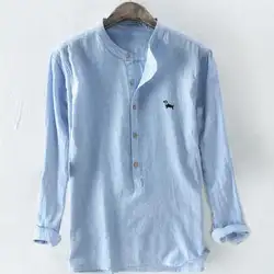 Мужская мешковатая Полосатая Вышивка хлопок лен длинный рукав кнопка Блузка Плюс Размер винтажный воротник-стойка рубашки для мужчин 2019