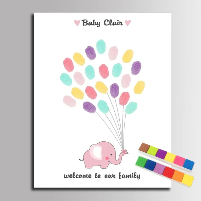 Fingerprint Signature Canvas Painting Pink Elephant Guest Book Gift