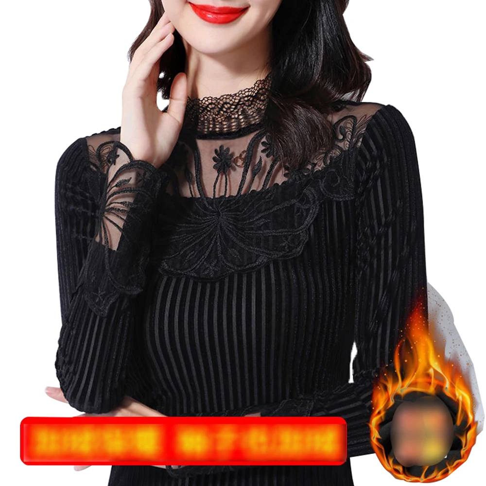

Women's Thermal Shirt Winter Sexy Lace Long Sleeve Tutrleneck Underwear Tops Thicken Warm Stretch Elasticity Thermal Underwear