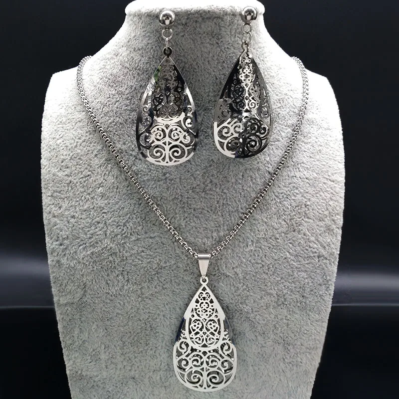 Длинный большой серебряный цвет из нержавеющей стали набор украшений для женщин капли воды серьги ожерелье Ювелирные наборы Ювелирные изделия S176114