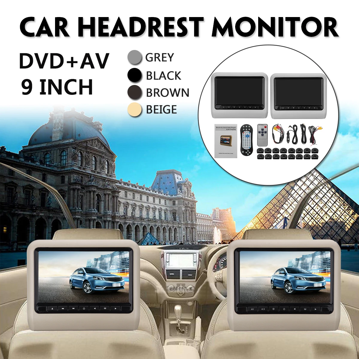 9 inch Car Headrest Monitor DVD +AV Player Remote Controller with Cable