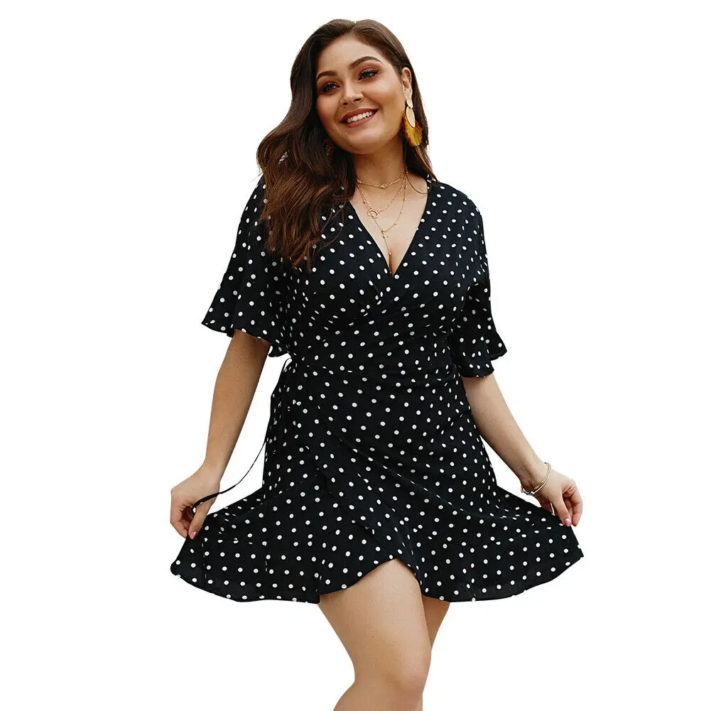 Plus Size Dress Women Polk Dot Holiday Beach Dress Femme Ladies Casual Short Sleeve Boho Evening Party Dress Summer Sundress