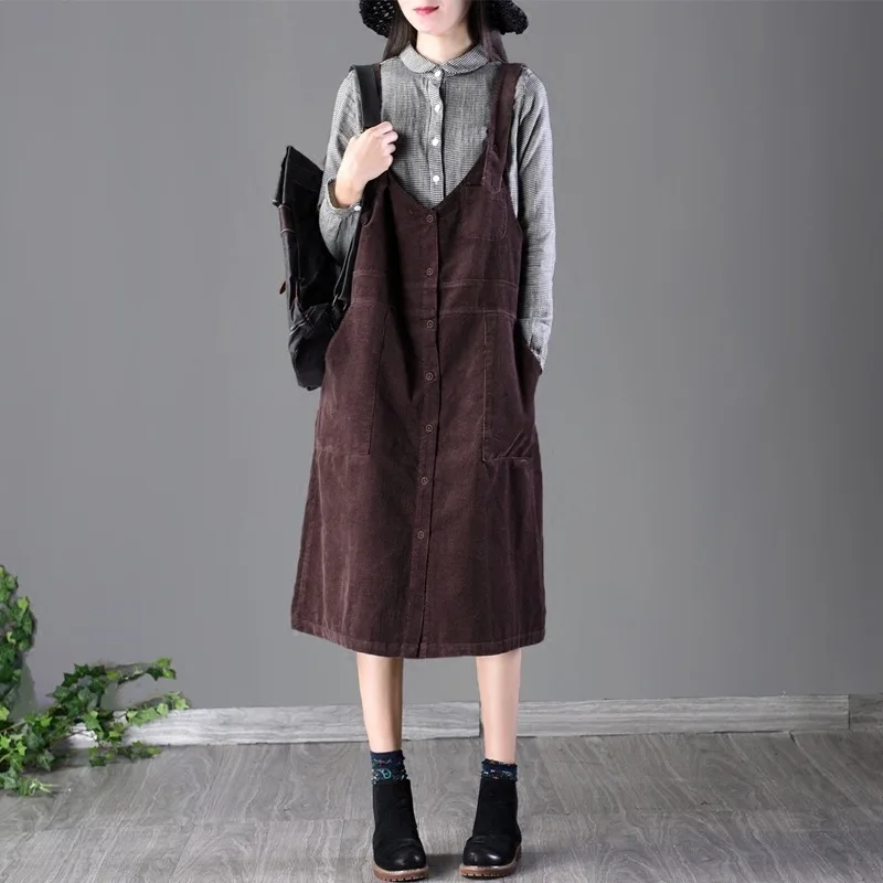 Goede Runback Vintage Midi Warm Jurk Vrouwen Bandjes Corduroy Overgooier Bib Pocket Algehele Plus Size Street Style Herfst Winter 2018 Jurk