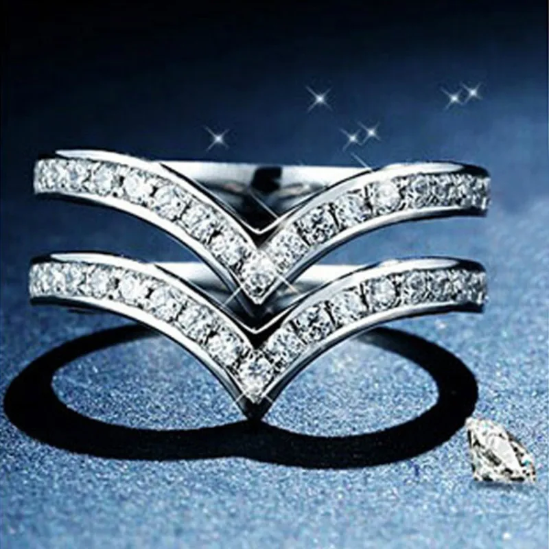 

5A High Quality Cubic Zircon Engagement Rings for Women Pure Silver White Gold Color Classic Double-layer V-shaped Rings