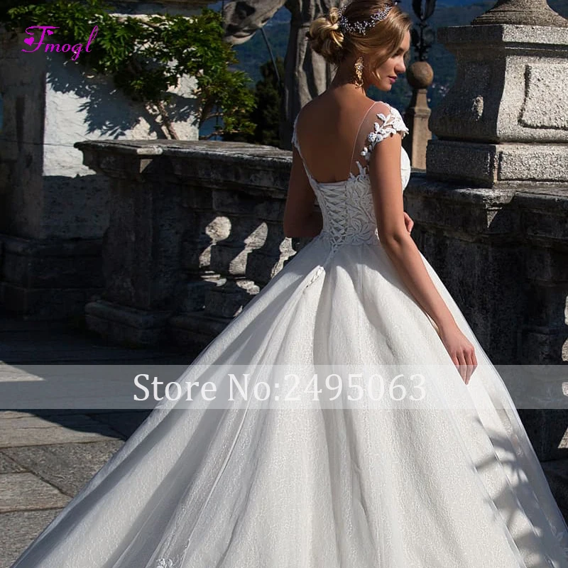 Fmogl Vestido de Noiva, бальное платье с круглым вырезом и рукавом-крылышком, свадебное платье, Великолепное Кружевное платье принцессы с аппликацией, свадебное платье размера плюс