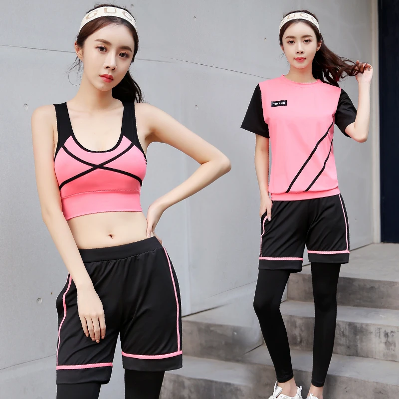 

Fitness Women 4 in 1 Yoga Set Yoga Bra & Pants & Shorts & T-Shirts Solid Patchwork Gym Clothes Sport Wear Running Outdoor Jog