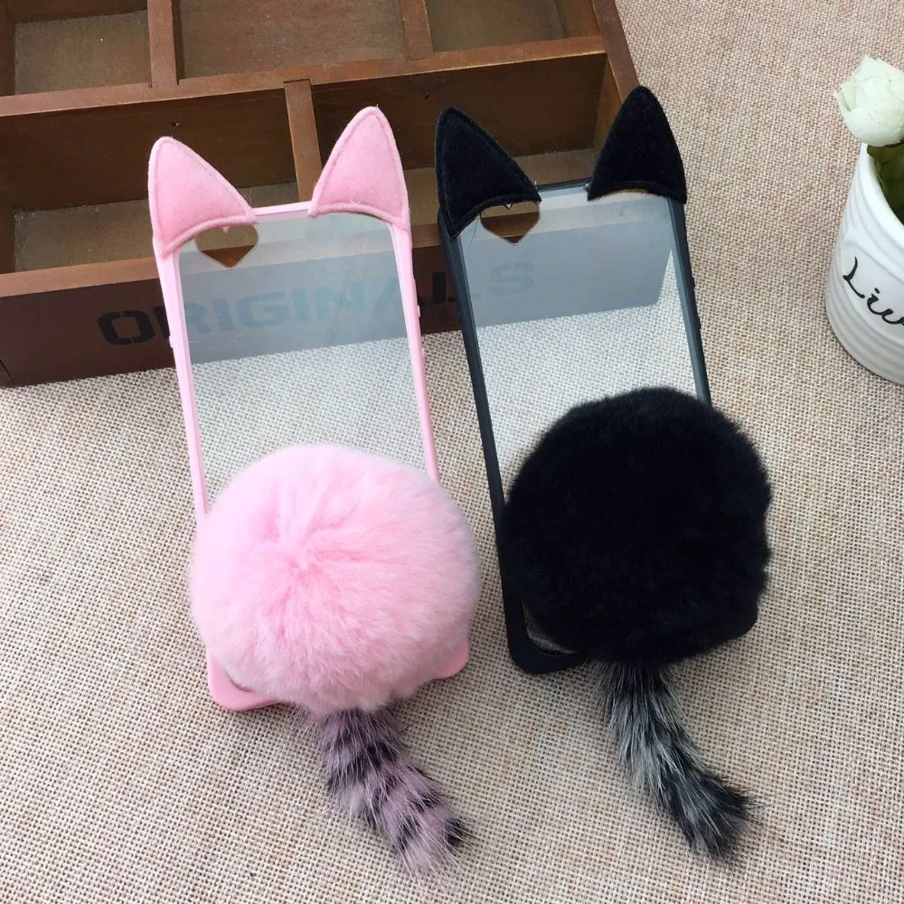 

Lovely transparent Cat Ear Rabbit tails Fur Flip TPU Case Cover For Iphone5s 6/6 plus 7/7 plus transparent silicon phone case