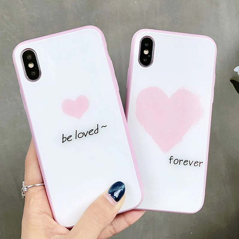 

Heart Couples Phone Cases For iPhone 6 6s 7 8 X Plus Case Back Love Lovers Mirror Tempered glass For iPhone 6 6S 7 8 X Plus Case