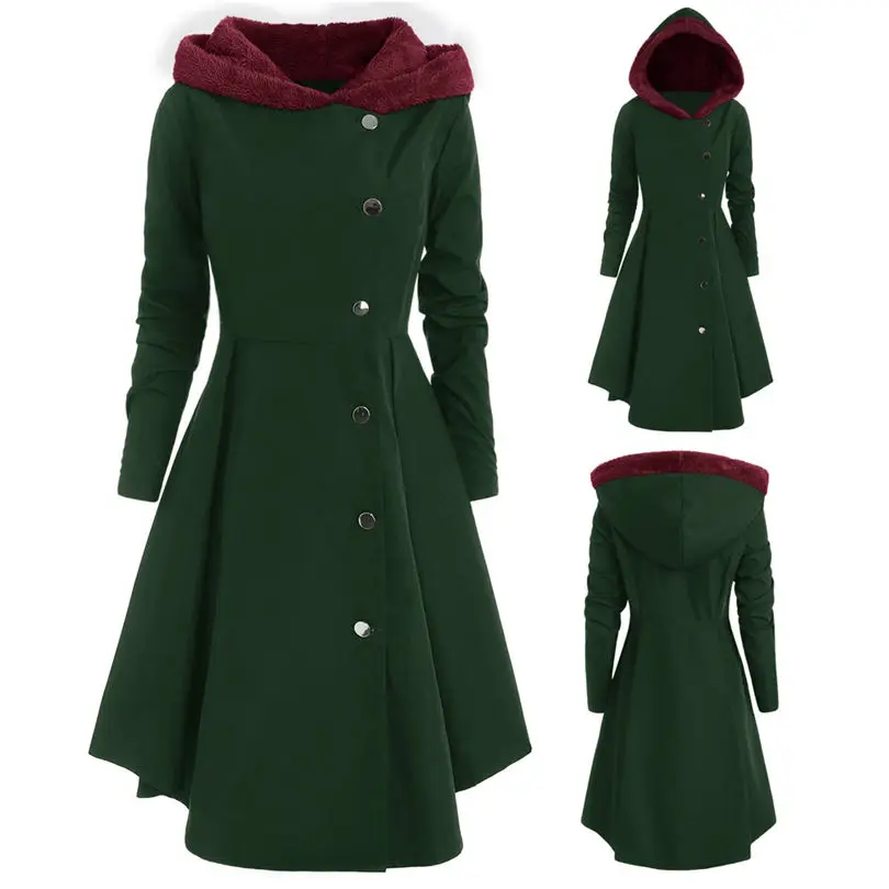 New Women fashion Plus Size Asymmetric Keep Warm Fleece Hooded Single Breasted Long Drap Buttons Coat #4F10 (24)