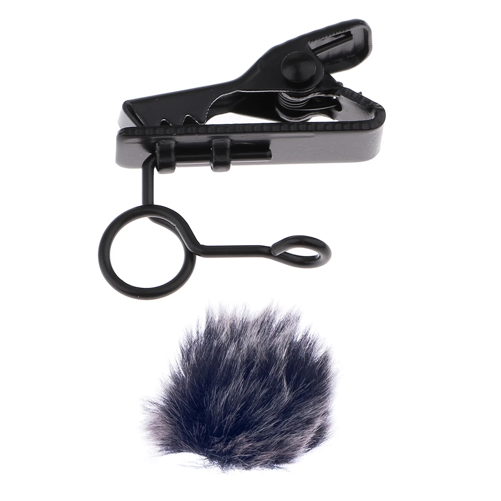 Black Mini Microphone Lapel Tie Clip Holder + Microphone MIC Fur Cover Windshield Windmuffin