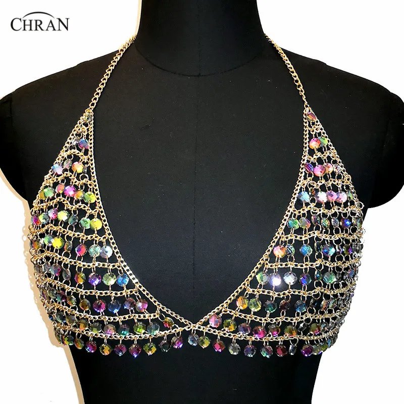 

Chran Multi Color Gem Chain Bra Bralet Body Chain Women Crop Tops Summer Harness Halter Necklace Vest Nightclub Party Jewelry