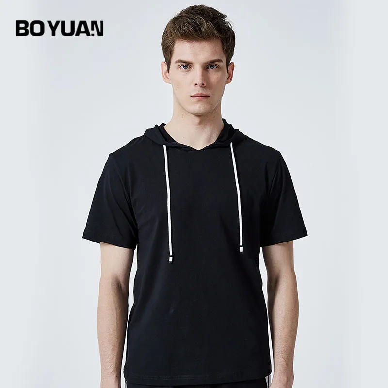 BOYUAN Hooded t shirt Men Casual Cotton t shirt Solid Black Short