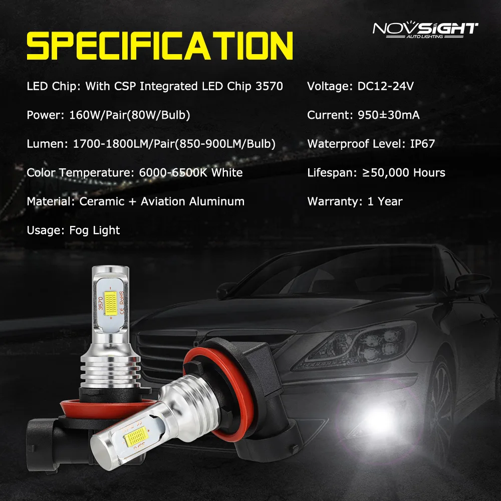 NOVSIGHT H11/H8/H9/H16JP Автомобильный светодиодный противотуманный светильник 1800LM Противотуманные фары для вождения автомобиля белый светильник 1800LM