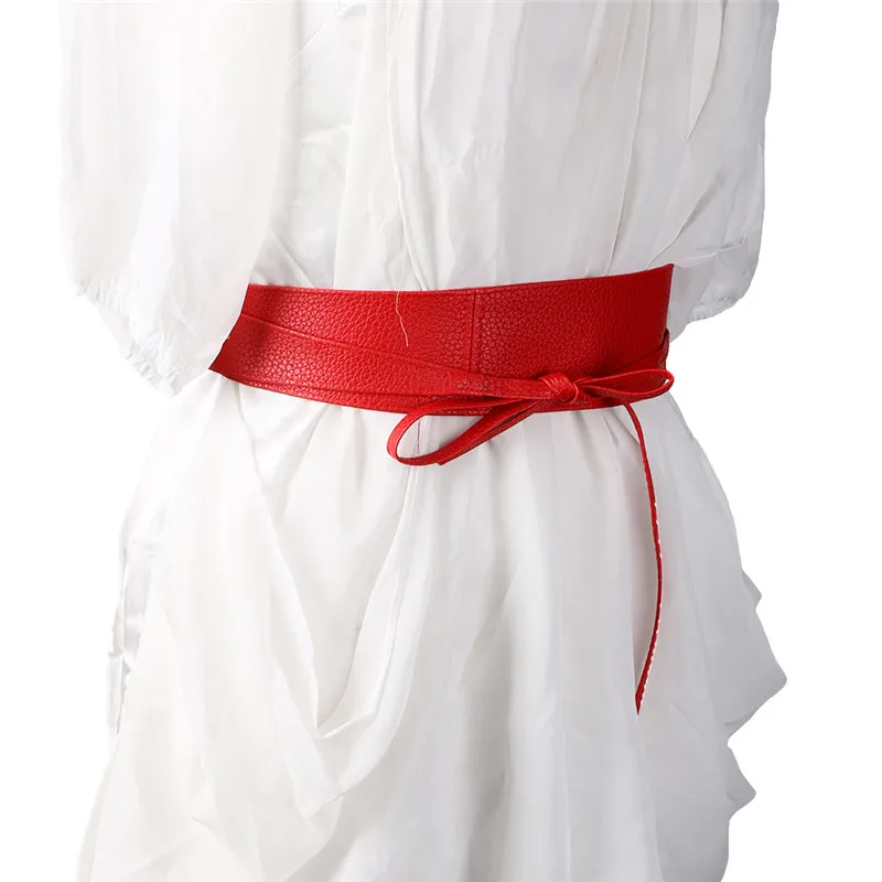 

2018 Women Lady's Fashion Metallic Color Soft Faux Leather Wide Belt Self Tie Wrap Around Waist Band Dress Elegant Waist Belts