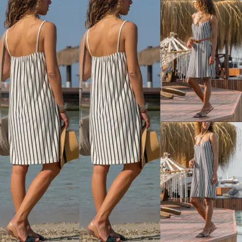 

2019 Women's Summer Stripe Boho Evening Party Striped Beach Dresses Short Mini Dress Sundress