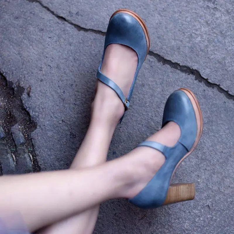 DAHOOD/летние женские сандалии в стиле ретро; коллекция года; женские кожаные туфли на высоком каблуке; классические туфли-лодочки с ремешком на щиколотке; женская обувь; большие размеры 34-43